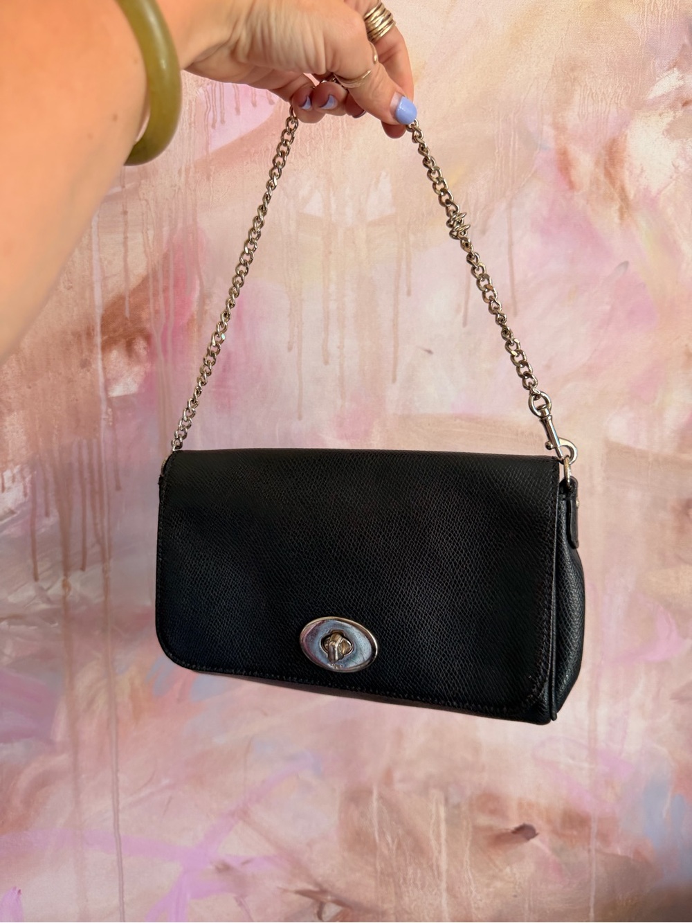 Coach Black Leather Shoulder Bag with Silver Chain